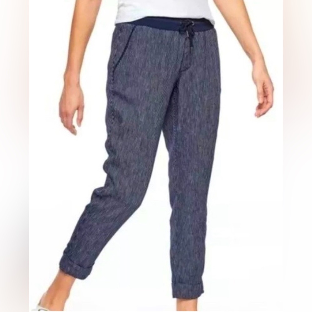 Athleta‎ Bali Linen Ankle Pants 6 Navy Stripe Drawstring Crop Coastal Summer